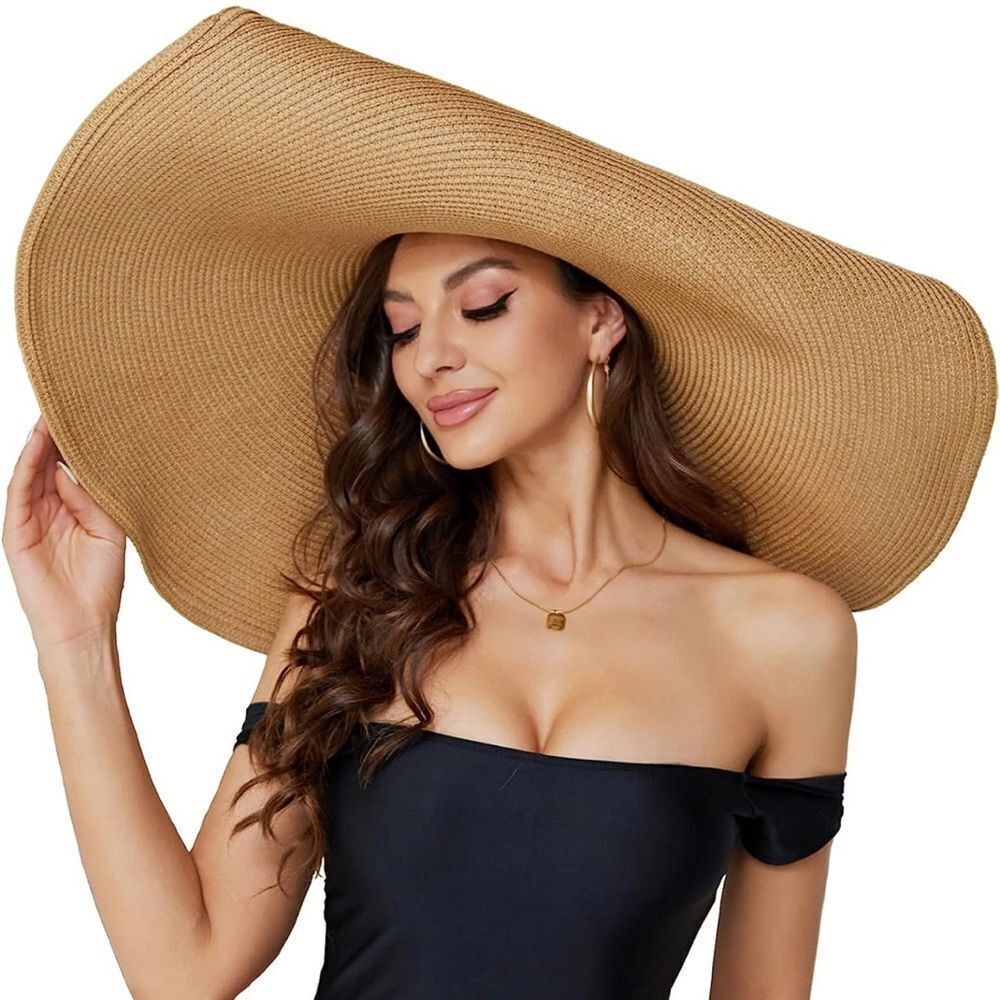 Oversized Beach Straw Hat for Women - khaki